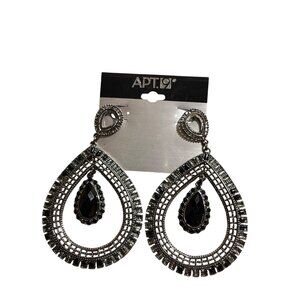 Apt.9 Black & Silver Teardrop Statement Earrings w Black  Gemstone Pierced Ears